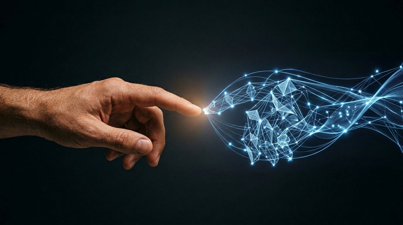 Human hand and abstract light form meeting at center